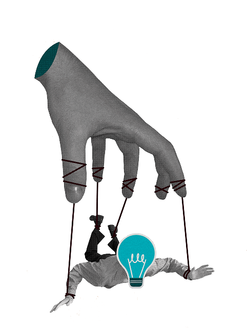 Imagem que ilustra uma pessoa com uma ideia sendo manipulada como uma marionete por uma mão que está solta no espaço.